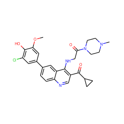 COc1cc(-c2ccc3ncc(C(=O)C4CC4)c(NCC(=O)N4CCN(C)CC4)c3c2)cc(Cl)c1O ZINC000203803606