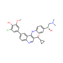 COc1cc(-c2ccc3ncc(C(=O)C4CC4)c(Nc4ccc([C@@H](O)CN(C)C)cc4)c3c2)cc(Cl)c1O ZINC000203986906