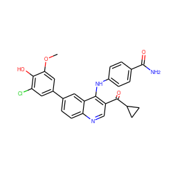 COc1cc(-c2ccc3ncc(C(=O)C4CC4)c(Nc4ccc(C(N)=O)cc4)c3c2)cc(Cl)c1O ZINC000114032438