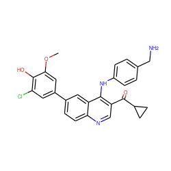 COc1cc(-c2ccc3ncc(C(=O)C4CC4)c(Nc4ccc(CN)cc4)c3c2)cc(Cl)c1O ZINC000114035974