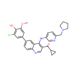 COc1cc(-c2ccc3ncc(C(=O)C4CC4)c(Nc4ccc(CN5CCCC5)nc4)c3c2)cc(Cl)c1O ZINC000114036941