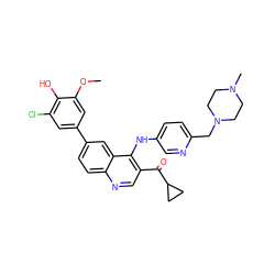 COc1cc(-c2ccc3ncc(C(=O)C4CC4)c(Nc4ccc(CN5CCN(C)CC5)nc4)c3c2)cc(Cl)c1O ZINC000203982574