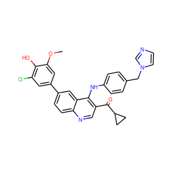 COc1cc(-c2ccc3ncc(C(=O)C4CC4)c(Nc4ccc(Cn5ccnc5)cc4)c3c2)cc(Cl)c1O ZINC000203988768