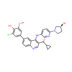 COc1cc(-c2ccc3ncc(C(=O)C4CC4)c(Nc4ccc(N5CC[C@H](O)C5)nc4)c3c2)cc(Cl)c1O ZINC000219365820