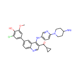 COc1cc(-c2ccc3ncc(C(=O)C4CC4)c(Nc4ccc(N5CCC(N)CC5)nc4)c3c2)cc(Cl)c1O ZINC000114033374