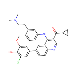 COc1cc(-c2ccc3ncc(C(=O)C4CC4)c(Nc4cccc(CCN(C)C)c4)c3c2)cc(Cl)c1O ZINC000203982929