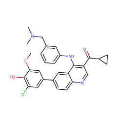 COc1cc(-c2ccc3ncc(C(=O)C4CC4)c(Nc4cccc(CN(C)C)c4)c3c2)cc(Cl)c1O ZINC000114036490