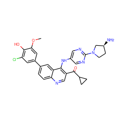 COc1cc(-c2ccc3ncc(C(=O)C4CC4)c(Nc4cnc(N5CC[C@H](N)C5)nc4)c3c2)cc(Cl)c1O ZINC000203986837