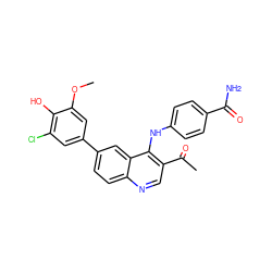 COc1cc(-c2ccc3ncc(C(C)=O)c(Nc4ccc(C(N)=O)cc4)c3c2)cc(Cl)c1O ZINC000114032409