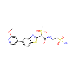 COc1cc(-c2ccc3sc([C@@H](C(=O)NCCS(N)(=O)=O)S(C)(=O)=O)nc3c2)ccn1 ZINC000143984814