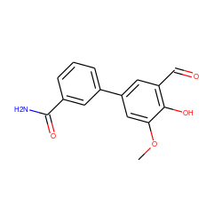 COc1cc(-c2cccc(C(N)=O)c2)cc(C=O)c1O ZINC000139484124