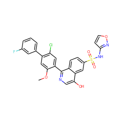 COc1cc(-c2cccc(F)c2)c(Cl)cc1-c1ncc(O)c2cc(S(=O)(=O)Nc3ccon3)ccc12 ZINC001772655126