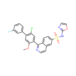 COc1cc(-c2cccc(F)c2)c(Cl)cc1-c1nccc2cc(S(=O)(=O)Nc3ncco3)ccc12 ZINC001772619983