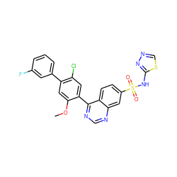 COc1cc(-c2cccc(F)c2)c(Cl)cc1-c1ncnc2cc(S(=O)(=O)Nc3nncs3)ccc12 ZINC000225113079