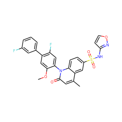 COc1cc(-c2cccc(F)c2)c(F)cc1-n1c(=O)cc(C)c2cc(S(=O)(=O)Nc3ccon3)ccc21 ZINC001772655705