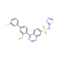 COc1cc(-c2cccc(F)c2)ccc1-c1ncnc2cc(S(=O)(=O)Nc3nncs3)ccc12 ZINC000225110416