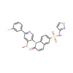 COc1cc(-c2cccc(F)c2)ncc1-n1c(=O)ccc2cc(S(=O)(=O)Nc3ccon3)ccc21 ZINC001772629217