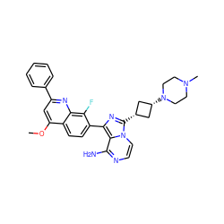 COc1cc(-c2ccccc2)nc2c(F)c(-c3nc([C@H]4C[C@@H](N5CCN(C)CC5)C4)n4ccnc(N)c34)ccc12 ZINC000261167845