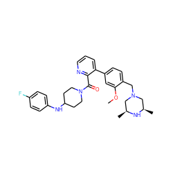 COc1cc(-c2cccnc2C(=O)N2CCC(Nc3ccc(F)cc3)CC2)ccc1CN1C[C@H](C)N[C@H](C)C1 ZINC000044388061