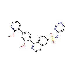 COc1cc(-c2cccnc2OC)ccc1-c1nccc2cc(S(=O)(=O)Nc3ccncn3)ccc12 ZINC000225123787