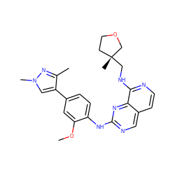 COc1cc(-c2cn(C)nc2C)ccc1Nc1ncc2ccnc(NC[C@]3(C)CCOC3)c2n1 ZINC000224119773