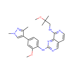 COc1cc(-c2cn(C)nc2C)ccc1Nc1ncc2ccnc(NCC(C)(C)OC)c2n1 ZINC000224091310