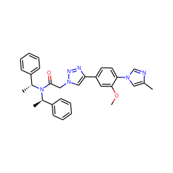 COc1cc(-c2cn(CC(=O)N([C@H](C)c3ccccc3)[C@H](C)c3ccccc3)nn2)ccc1-n1cnc(C)c1 ZINC000084635098