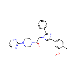 COc1cc(-c2cn(CC(=O)N3CCN(c4ncccn4)CC3)c(-c3ccccc3)n2)ccc1C ZINC000096284529