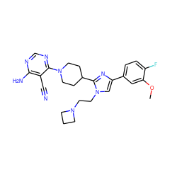 COc1cc(-c2cn(CCN3CCC3)c(C3CCN(c4ncnc(N)c4C#N)CC3)n2)ccc1F ZINC000218693141