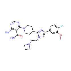 COc1cc(-c2cn(CCN3CCC3)c(C3CCN(c4ncnc(N)c4C(N)=O)CC3)n2)ccc1F ZINC000218702487