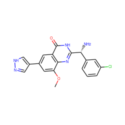 COc1cc(-c2cn[nH]c2)cc2c(=O)[nH]c([C@H](N)c3cccc(Cl)c3)nc12 ZINC000095590035