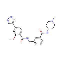 COc1cc(-c2cn[nH]c2)ccc1C(=O)NCc1cccc(C(=O)NC2CCN(C)CC2)c1 ZINC001772581702