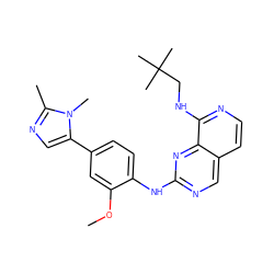 COc1cc(-c2cnc(C)n2C)ccc1Nc1ncc2ccnc(NCC(C)(C)C)c2n1 ZINC000223691116