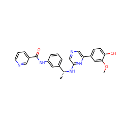 COc1cc(-c2cncc(N[C@H](C)c3cccc(NC(=O)c4cccnc4)c3)n2)ccc1O ZINC000003819676