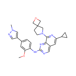 COc1cc(-c2cnn(C)c2)ccc1Nc1ncc2cc(C3CC3)nc(N3CCC4(COC4)C3)c2n1 ZINC000223696551