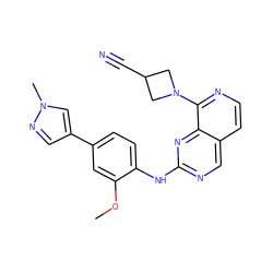 COc1cc(-c2cnn(C)c2)ccc1Nc1ncc2ccnc(N3CC(C#N)C3)c2n1 ZINC000223681143