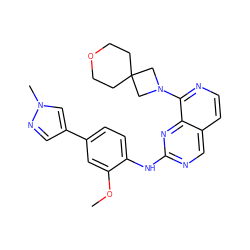 COc1cc(-c2cnn(C)c2)ccc1Nc1ncc2ccnc(N3CC4(CCOCC4)C3)c2n1 ZINC000223681217