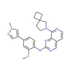 COc1cc(-c2cnn(C)c2)ccc1Nc1ncc2ccnc(N3CCC4(CCC4)C3)c2n1 ZINC000224093057