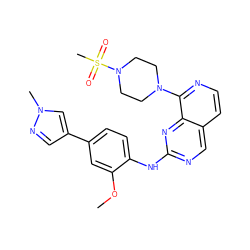 COc1cc(-c2cnn(C)c2)ccc1Nc1ncc2ccnc(N3CCN(S(C)(=O)=O)CC3)c2n1 ZINC000207623496