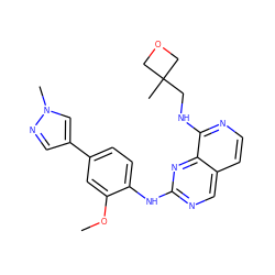 COc1cc(-c2cnn(C)c2)ccc1Nc1ncc2ccnc(NCC3(C)COC3)c2n1 ZINC000223685877