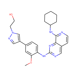 COc1cc(-c2cnn(CCO)c2)ccc1Nc1ncc2ccnc(NC3CCCCC3)c2n1 ZINC000207628148