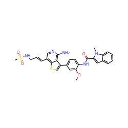 COc1cc(-c2csc3c(/C=C/CNS(C)(=O)=O)cnc(N)c23)ccc1NC(=O)c1cc2ccccc2n1C ZINC000028822586