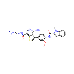 COc1cc(-c2csc3c(C(=O)NCCN(C)C)cnc(N)c23)ccc1NC(=O)c1cc2ccccc2n1C ZINC000028822575