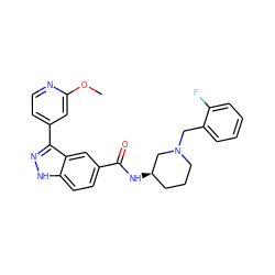 COc1cc(-c2n[nH]c3ccc(C(=O)N[C@@H]4CCCN(Cc5ccccc5F)C4)cc23)ccn1 ZINC000147794136