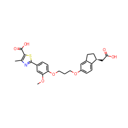 COc1cc(-c2nc(C)c(C(=O)O)s2)ccc1OCCCOc1ccc2c(c1)CC[C@H]2CC(=O)O ZINC000014977187