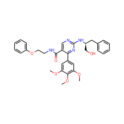 COc1cc(-c2nc(N[C@H](CO)Cc3ccccc3)ncc2C(=O)NCCOc2ccccc2)cc(OC)c1OC ZINC000049881607