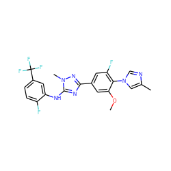 COc1cc(-c2nc(Nc3cc(C(F)(F)F)ccc3F)n(C)n2)cc(F)c1-n1cnc(C)c1 ZINC000299820738