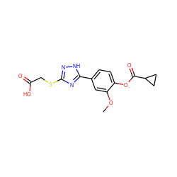 COc1cc(-c2nc(SCC(=O)O)n[nH]2)ccc1OC(=O)C1CC1 ZINC000205447162