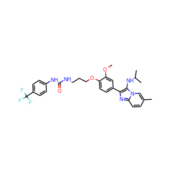 COc1cc(-c2nc3ccc(C)cn3c2NC(C)C)ccc1OCCCNC(=O)Nc1ccc(C(F)(F)F)cc1 ZINC000095589404