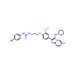 COc1cc(-c2nc3ccc(C)cn3c2NC2CCCC2)ccc1OCCCNC(=O)Nc1ccc(C(F)(F)F)cc1 ZINC000095591063